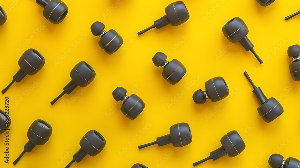 Top view of many earphones on the yellow background very detailed and realistic shape