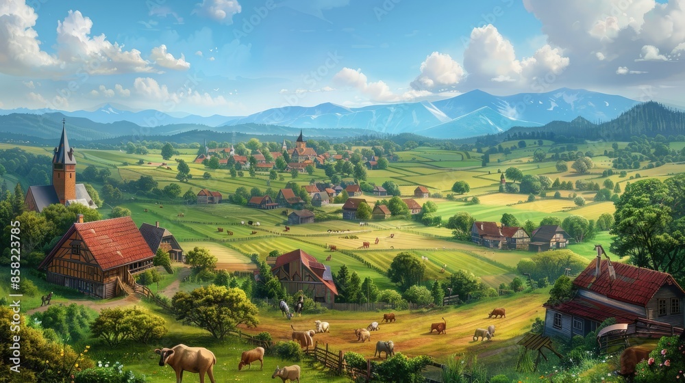 Serene countryside with patchwork fields, a small village, and grazing animals AI generated Serene countryside with patchwork fields, a small village, and grazing animals AI generated