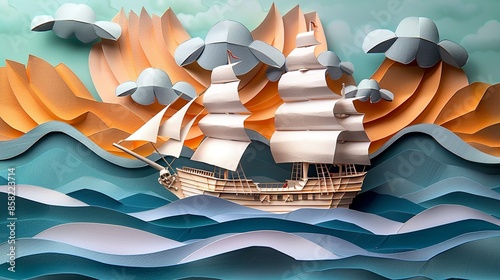 Paper craft pirate ship sailing the high seas, ideal for swashbuckling tales. Illustration, Minimalism,