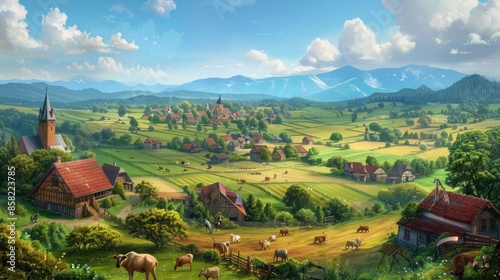 Serene countryside with patchwork fields, a small village, and grazing animals AI generated