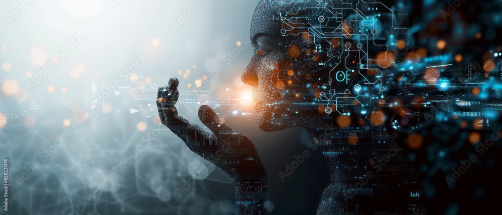 a human head, where the brain emits light and futuristic technology elements symbolize the connection between science, energy, and the mind a human head, where the brain emits light and futuristic technology elements symbolize the connection between science, energy, and the mind