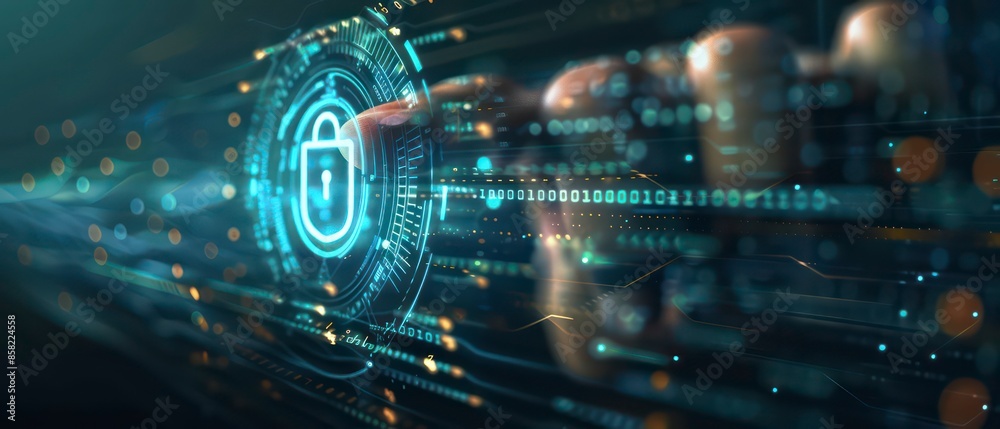 Technology and computer screens displaying padlock coded information, emphasizing data protection and cybersecurity in business and digital environments Technology and computer screens displaying padlock coded information, emphasizing data protection and cybersecurity in business and digital environments