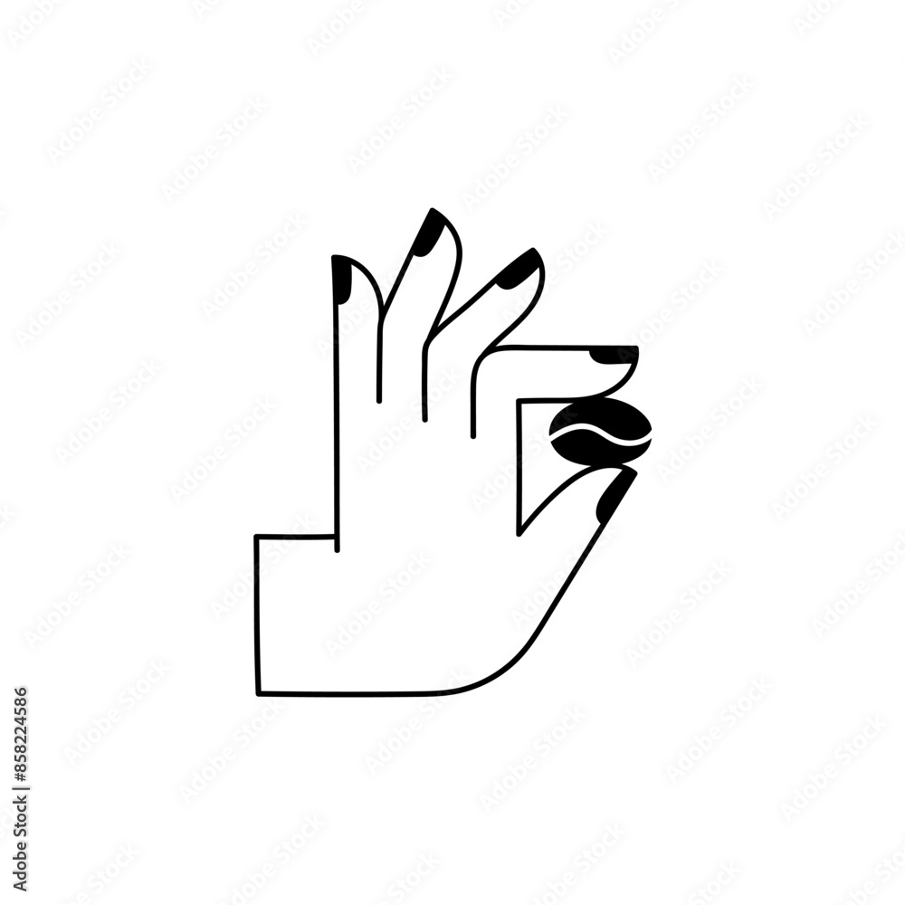 Obraz premium Coffee bean. A hand holds a coffee bean. Coffee. Postcard. Hand drawing, black and white vector illustration. Print. Poster.