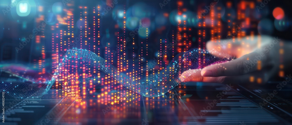 Technology-driven environment with computers and screens displaying digital data, reflecting the integration of information and networks in modern business Technology-driven environment with computers and screens displaying digital data, reflecting the integration of information and networks in modern business
