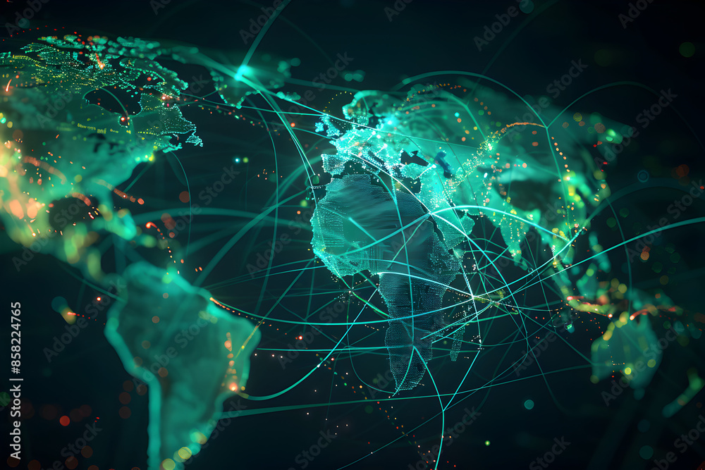 A vivid representation of a global network on a digital map.
A vivid representation of a global network on a digital map.