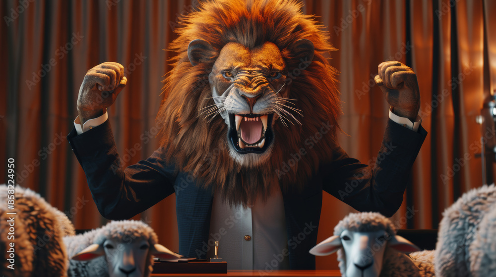 An angry lion boss in a suit, with sheep employees standing by the desk, tearing a shirt with their paws, illustrating a business concept. An angry lion boss in a suit, with sheep employees standing by the desk, tearing a shirt with their paws, illustrating a business concept.