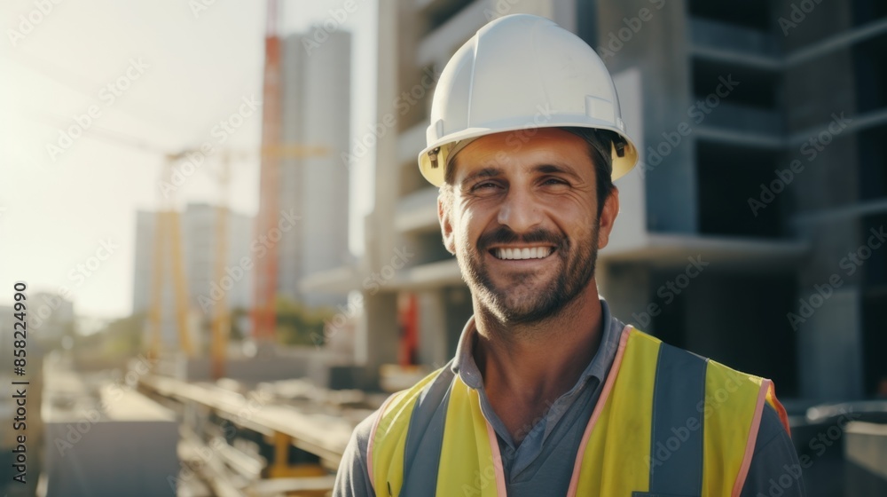 smiling Caucasian construction engineer in a hard hat and uniform in an orange vest against the background of multi-storey buildings under construction. portrait of a builder at a construction site smiling Caucasian construction engineer in a hard hat and uniform in an orange vest against the background of multi-storey buildings under construction. portrait of a builder at a construction site
