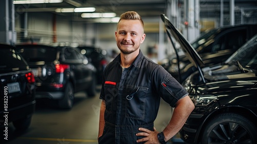 smiling Caucasian auto mechanic in uniform in a car repair and painting shop smilingly looks at the camera.specialized auto service center