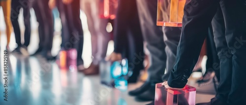 Businessmen and women navigating a crowded city street, their shoes and legs illustrating the bustling energy and movement of urban life