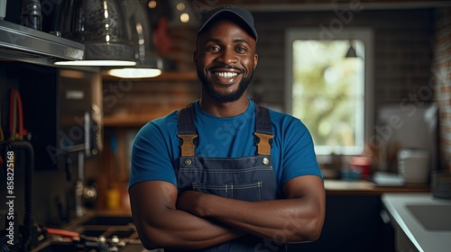 portrait of a smiling afro american plumber in uniform in the kitchen or bathroom. against the backdrop of repaired and installed plumbing fixtures