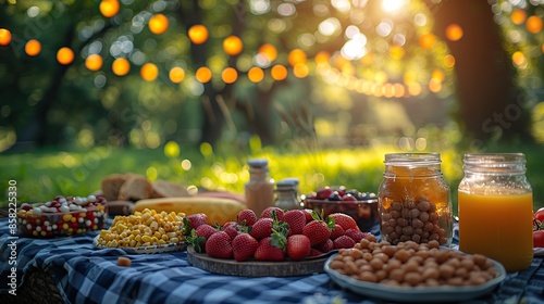 A gathering of friends and family celebrates with a patriotic picnic in the park, capturing the spirit of the Fourth of July with traditional American fare and festive decor. illustration images photo