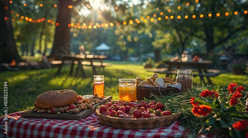 A gathering of friends and family celebrates with a patriotic picnic in the park, capturing the spirit of the Fourth of July with traditional American fare and festive decor. illustration images photo