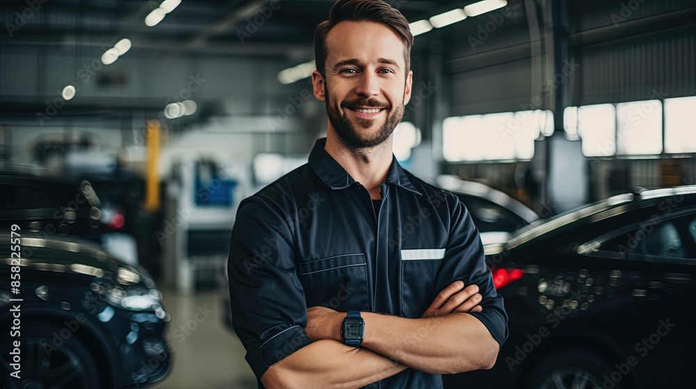 smiling Caucasian auto mechanic in uniform in a car repair and painting shop smilingly looks at the camera. smiling Caucasian auto mechanic in uniform in a car repair and painting shop smilingly looks at the camera.