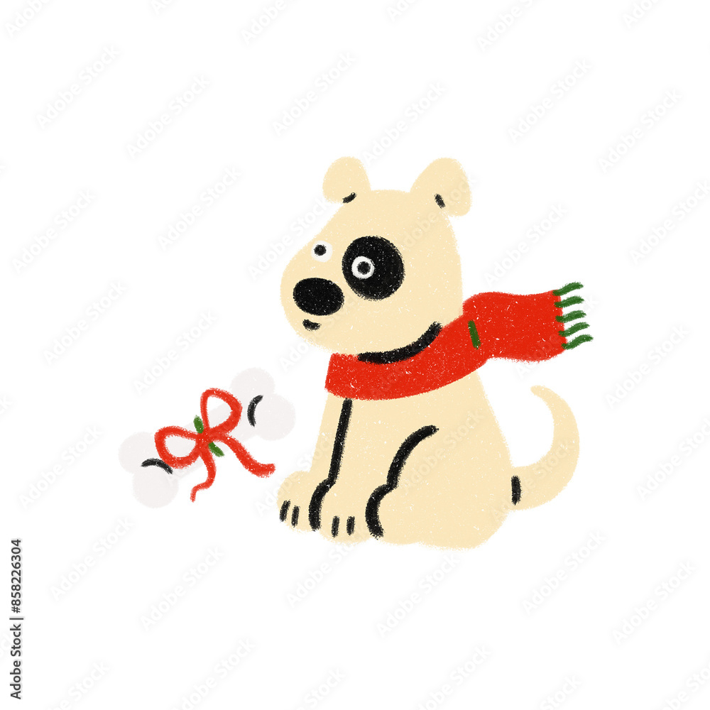 Fototapeta premium trendy simple cartoonish fluffy dog puppy character with scarf and bone present cute animal Christmas celebration hand drawn illustration style picture book children's book isolated background PNG