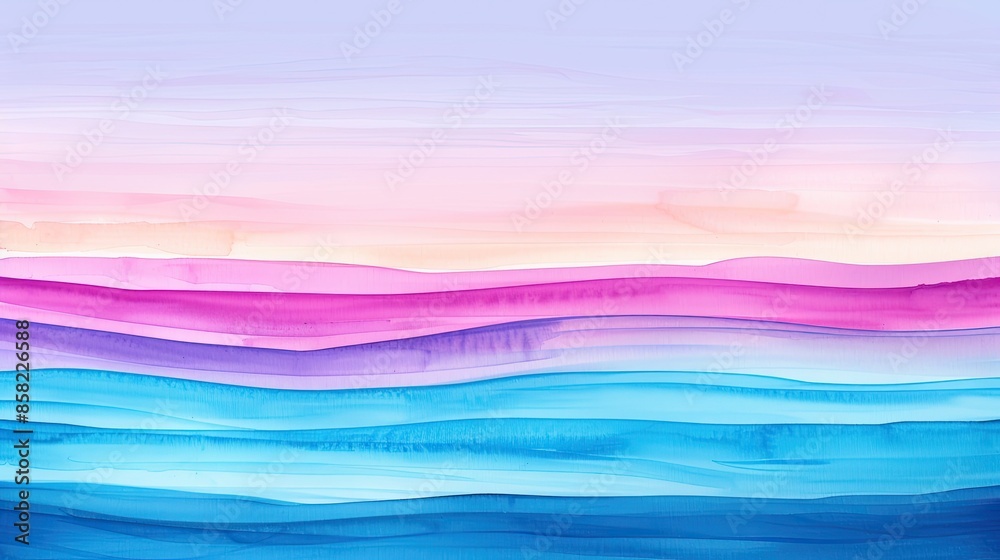 Fototapeta premium Abstract watercolor landscape painting with vibrant pink, purple, and blue layers, depicting a serene and peaceful horizon at dawn or dusk.