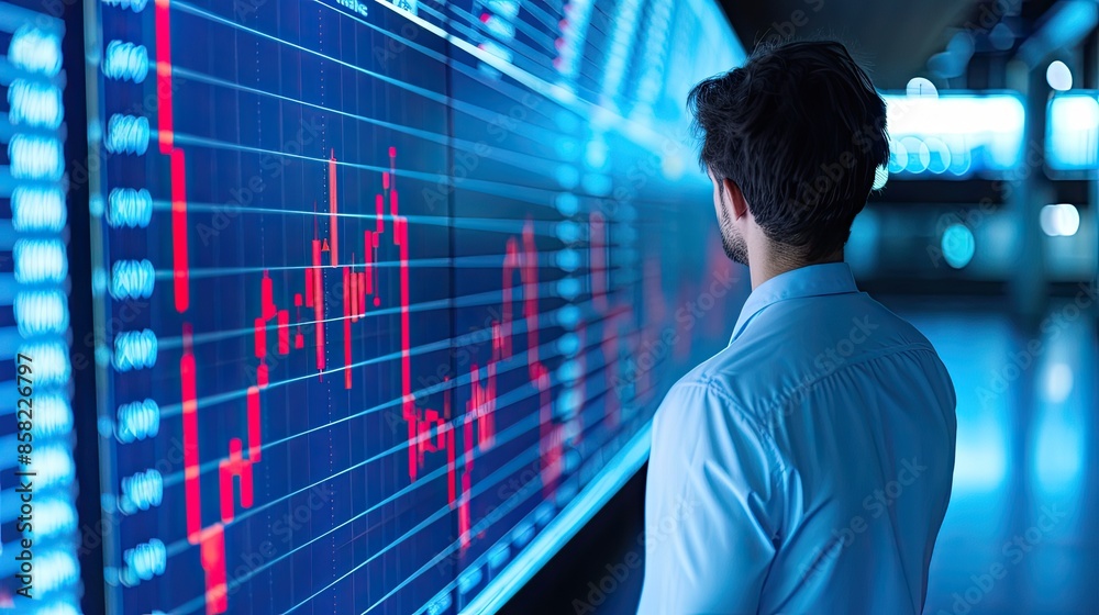 Businessman analyzes a digital stock market display highlighting fluctuating financial data, with a graphical interface showing red trends.