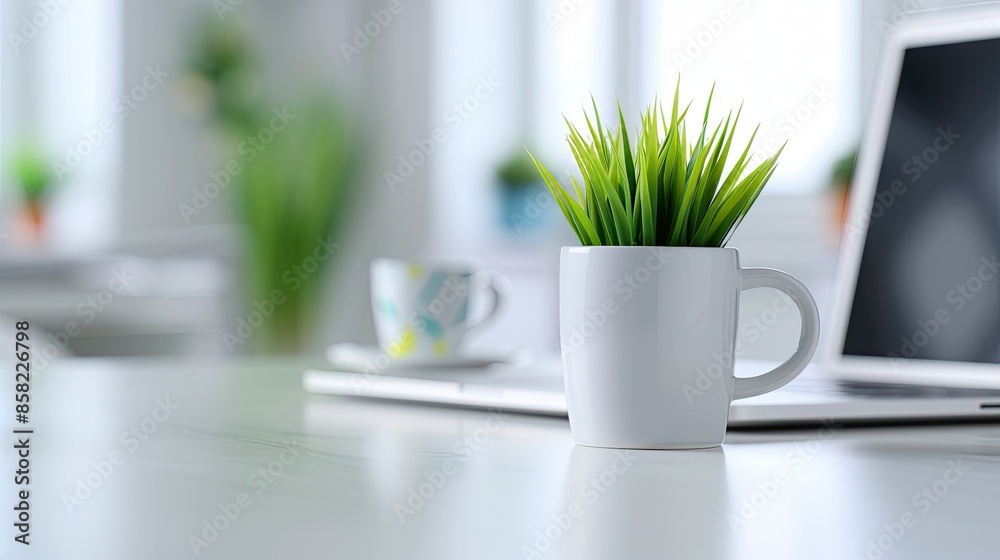 Bright and modern office desk with a small green plant in a white mug, open laptop and blurred background for productivity and greenery vibe. Bright and modern office desk with a small green plant in a white mug, open laptop and blurred background for productivity and greenery vibe.