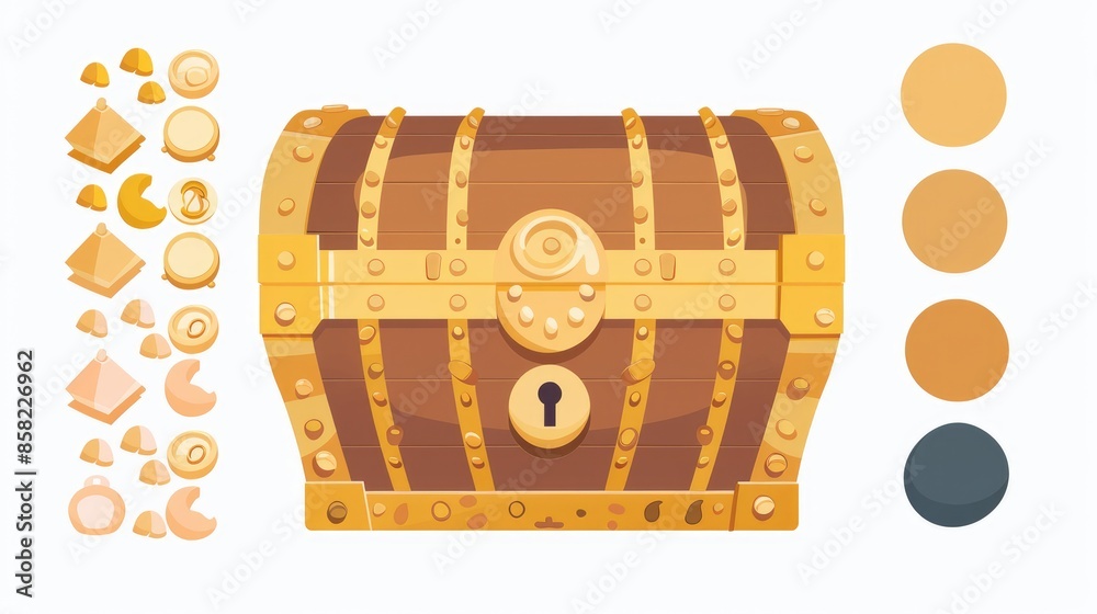 Gold treasure chest flat design front view fortune theme cartoon drawing Triadic Color Scheme Gold treasure chest flat design front view fortune theme cartoon drawing Triadic Color Scheme