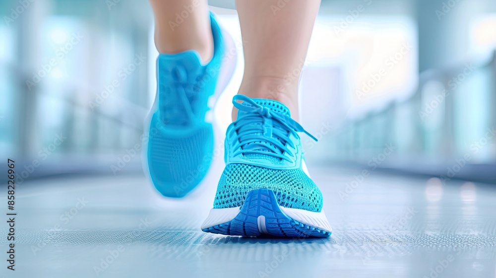 Close-up of a person running indoors while wearing blue sports shoes, capturing motion and fitness lifestyle vibes. Close-up of a person running indoors while wearing blue sports shoes, capturing motion and fitness lifestyle vibes.