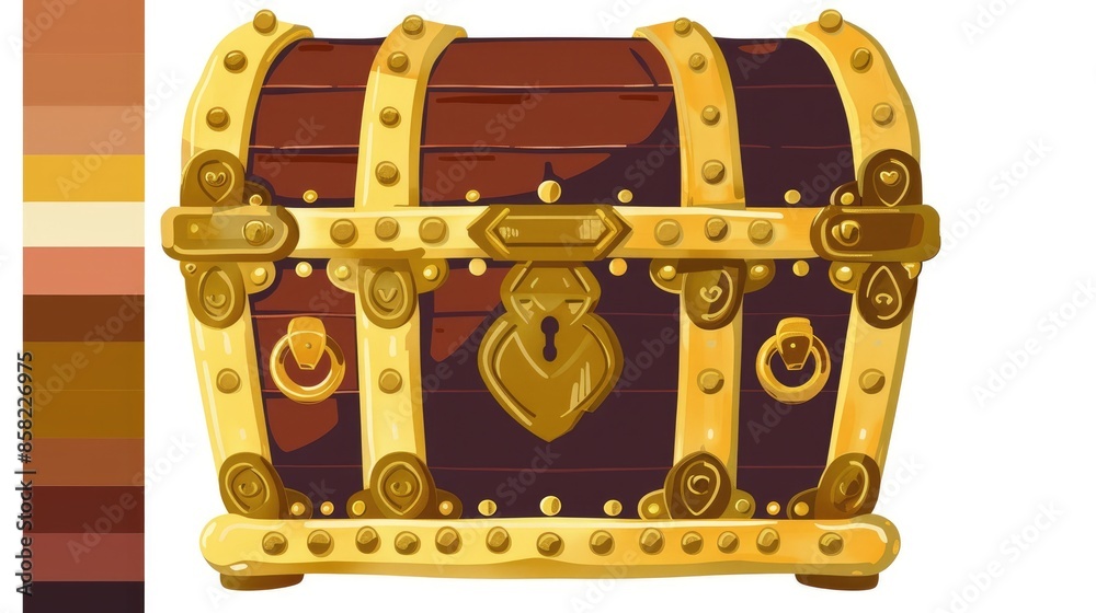 Gold treasure chest flat design front view fortune theme cartoon drawing Triadic Color Scheme Gold treasure chest flat design front view fortune theme cartoon drawing Triadic Color Scheme