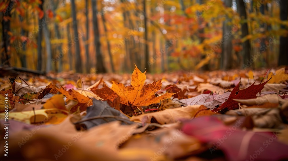 A peaceful forest in autumn, with leaves in vibrant shades of red, orange, and yellow falling to the ground AI generated A peaceful forest in autumn, with leaves in vibrant shades of red, orange, and yellow falling to the ground AI generated