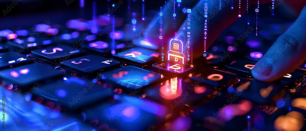 A computer keyboard with bright blue backlighting and a glittering effect, symbolizing technology and modern office environments A computer keyboard with bright blue backlighting and a glittering effect, symbolizing technology and modern office environments