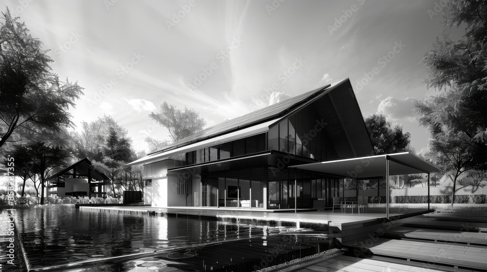 Energyefficient Thai house with solar panels and green construction technologies, side view, portraying sustainable living, digital tone, black and white Energyefficient Thai house with solar panels and green construction technologies, side view, portraying sustainable living, digital tone, black and white