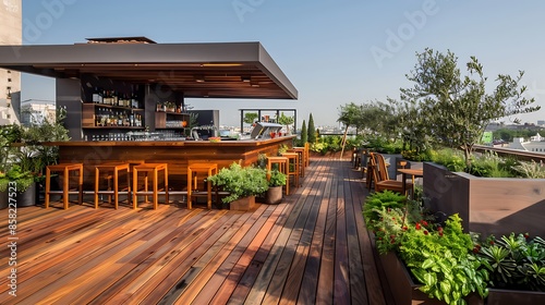 rooftop bar with minimalist wooden decking and strategically placed planters that provide both privacy and a green retreat in the heart of the city