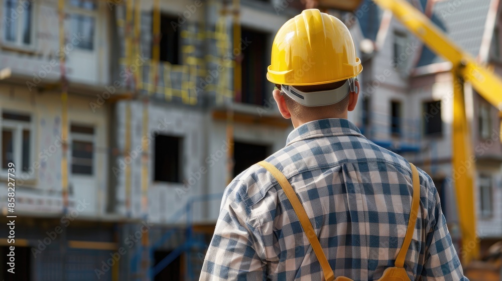 Professional supervisor overseeing construction, back view, illustrating project management, advanced tone, Complementary Color Scheme Professional supervisor overseeing construction, back view, illustrating project management, advanced tone, Complementary Color Scheme