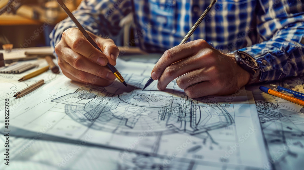 Naklejka premium engineer makes a drawing, close up