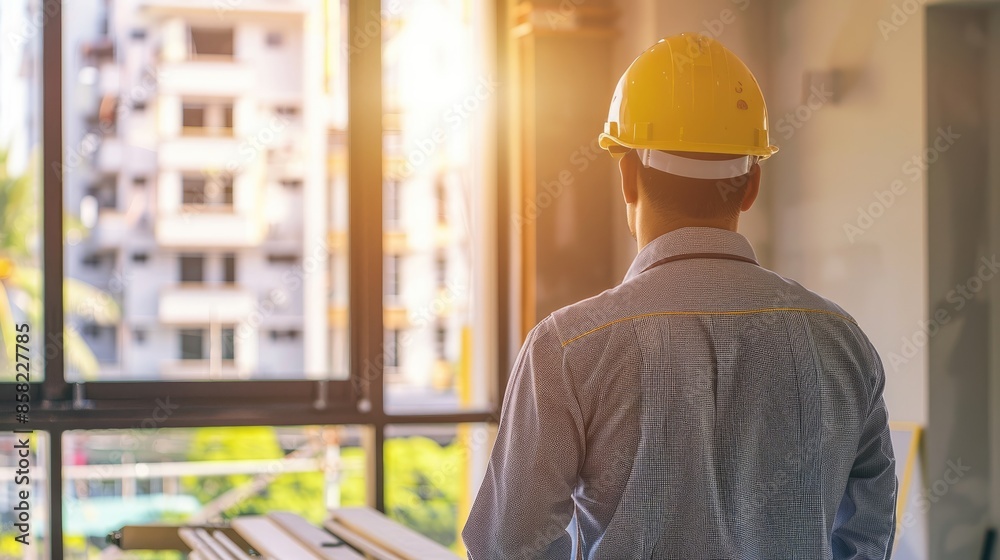 Professional supervisor overseeing construction, back view, illustrating project management, advanced tone, Complementary Color Scheme Professional supervisor overseeing construction, back view, illustrating project management, advanced tone, Complementary Color Scheme