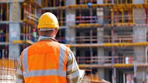 Professional supervisor overseeing construction, back view, illustrating project management, advanced tone, Complementary Color Scheme