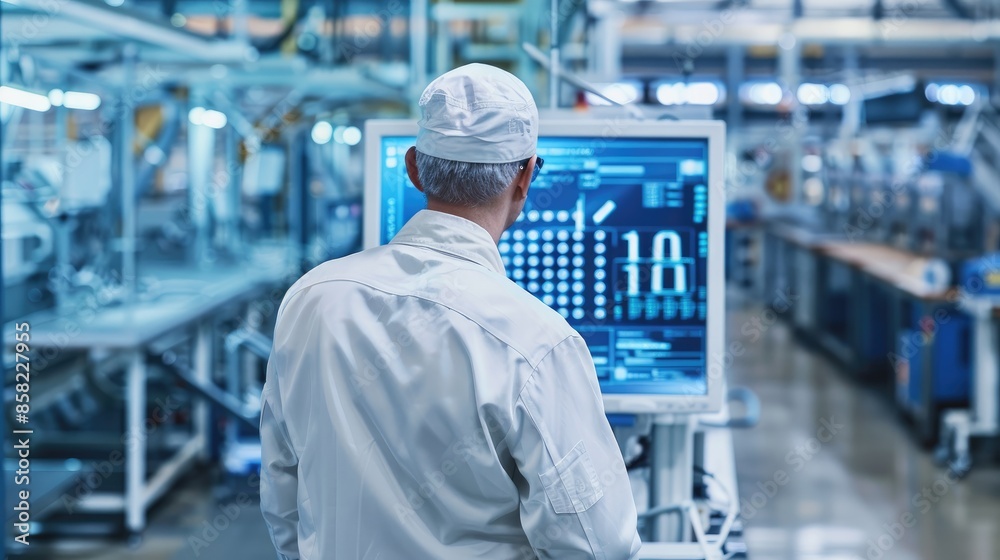 Senior engineer supervising factory floor, back view, focusing on production processes, digital binary as object, Monochromatic Color Scheme Senior engineer supervising factory floor, back view, focusing on production processes, digital binary as object, Monochromatic Color Scheme