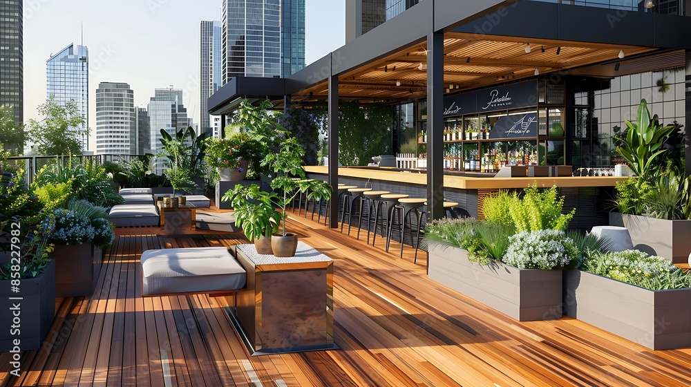 Fototapeta premium rooftop bar with minimalist wooden decking and strategically placed planters that provide both privacy and a green retreat in the heart of the city