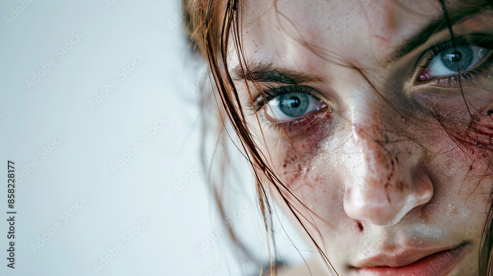 Fototapeta premium Close-up of a young woman's dirt-streaked face with piercing blue eyes. Dramatic and intense portrait with a raw, gritty style. Useful for themes of survival, resilience, and strength. AI
