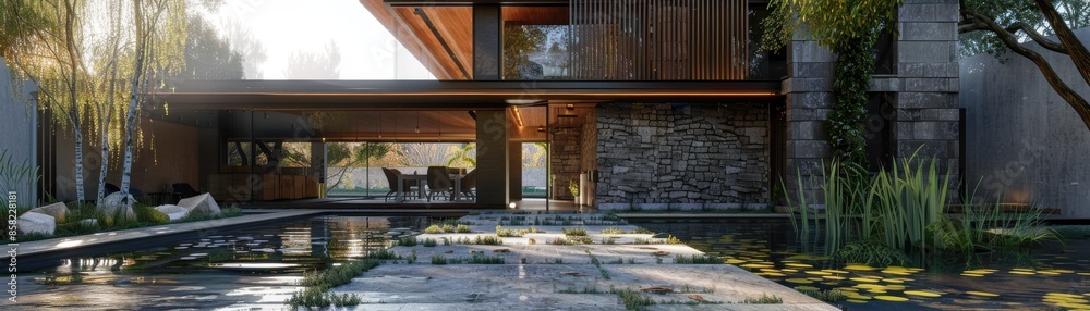 Modern building with stone and timber construction, lowimpact design, and energyefficient design, front view, emphasizing green living, robotic tone, Monochromatic Color Scheme