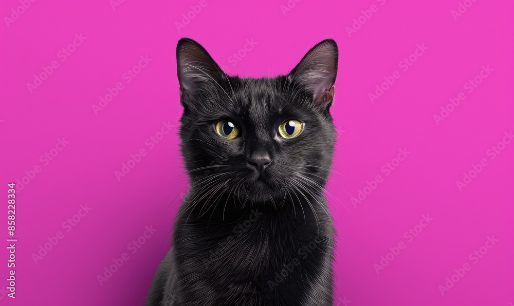 Portrait of a black cat with yellow eyes against a vibrant pink background, showcasing its sleek fur and attentive expression. Portrait of a black cat with yellow eyes against a vibrant pink background, showcasing its sleek fur and attentive expression.