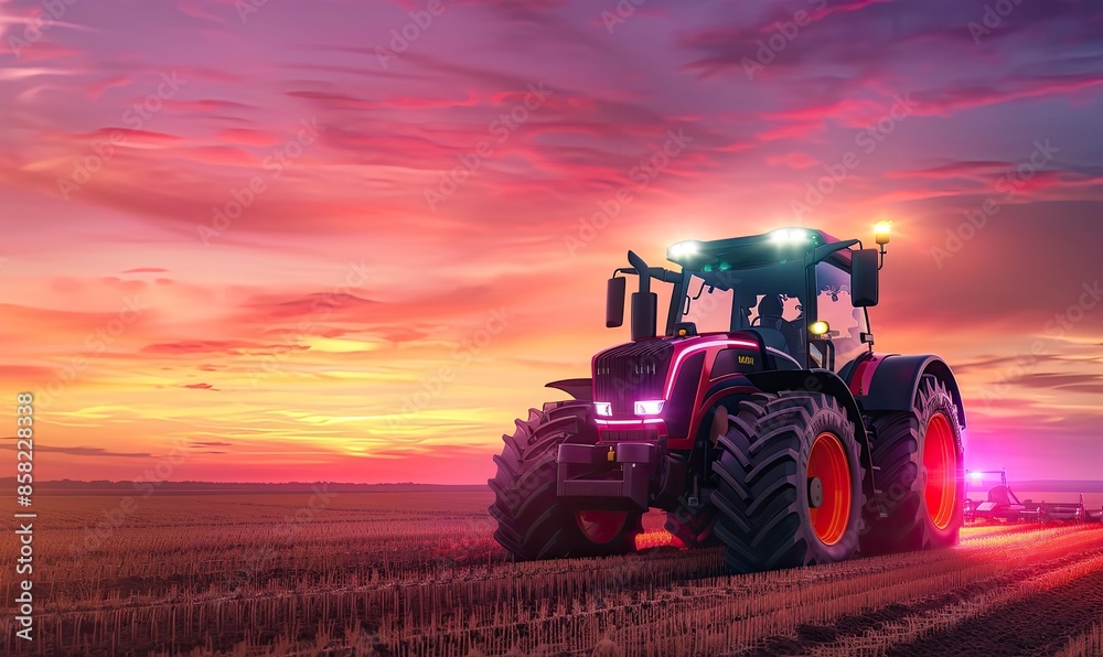 Fototapeta premium Powerful tractor working on farmland at sunset, with vibrant colors in the sky. Perfect for agricultural themes and rural landscapes.