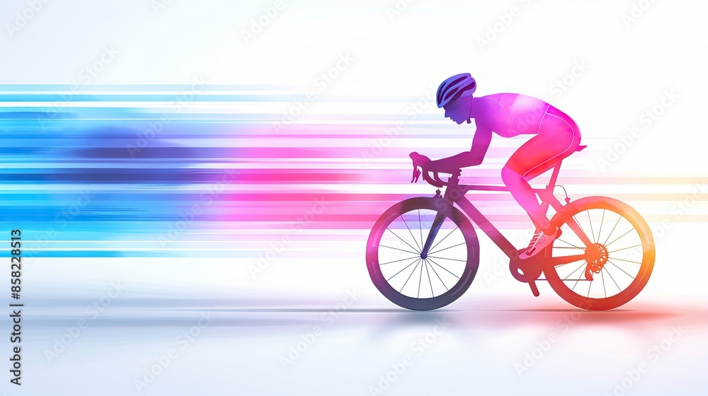 Fototapeta premium Silhouette of a cyclist riding at high speed with vibrant motion blur effect, symbolizing energy, speed, and dynamic movement.
