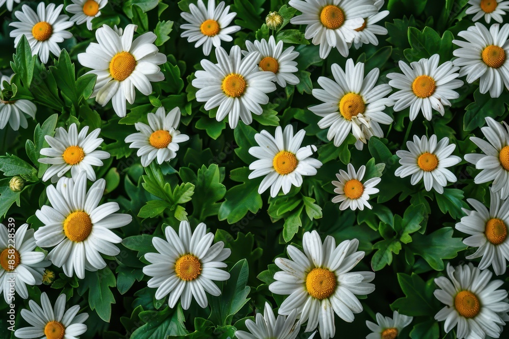 A field of white daisies with green leaves A field of white daisies with green leaves