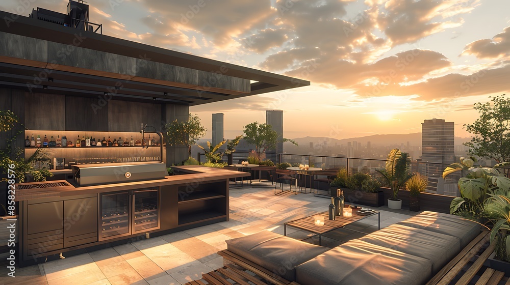 Picture of rooftop entertainment area with a built-in barbecue station Stock Photo ...