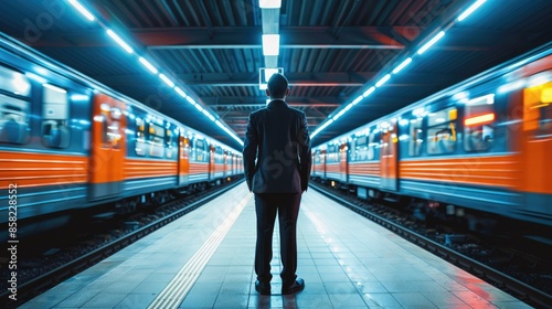 Transportation business, electric train station, businessman standing back