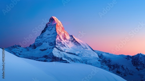 Snow-covered mountain peak illuminated by the sunrise, showcasing a stunning natural landscape with vibrant colors in a serene winter scene. photo