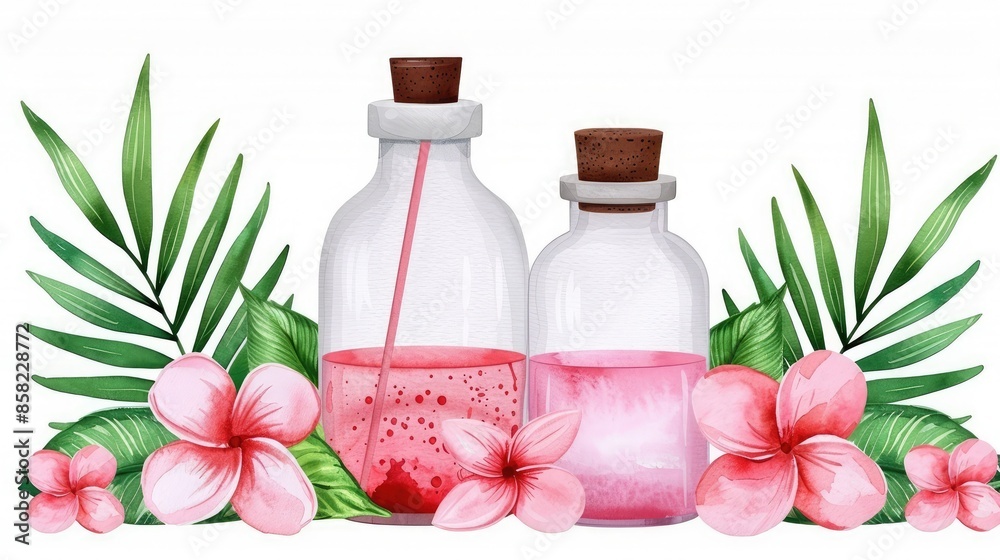 Tropical spa setting with glass bottles, lush green leaves, and pink flowers, ideal for beauty, wellness, and relaxation themes. Tropical spa setting with glass bottles, lush green leaves, and pink flowers, ideal for beauty, wellness, and relaxation themes.