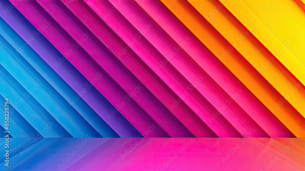 Obraz premium Vibrant abstract background with diagonal lines in vivid blue, pink, and yellow gradients, creating a dynamic and colorful visual effect.