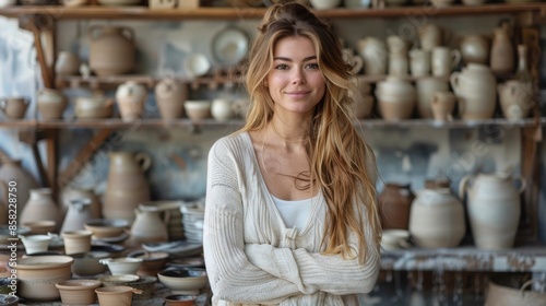 A woman stands in a pottery studio with a relaxed smile, surrounded by shelves filled with pottery, showcasing an environment rich in creativity and craftsmanship.