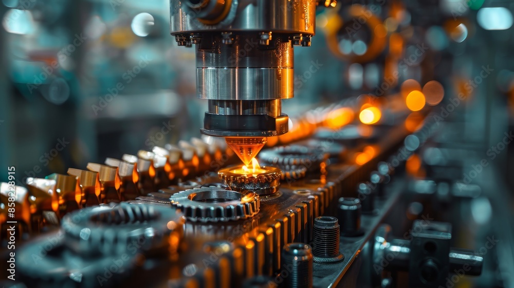 A detailed look at an industrial machine in a factory, working on metal gears, depicting precision, technology, and the essence of modern manufacturing processes. A detailed look at an industrial machine in a factory, working on metal gears, depicting precision, technology, and the essence of modern manufacturing processes.