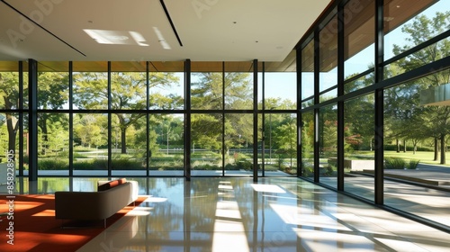 Modern glass house with minimalist design, surrounded by greenery under clear blue skies, offering a peaceful retreat AIG59 photo