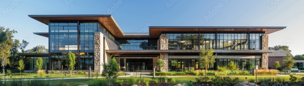 Building featuring stone and timber construction, lowimpact design, and energyefficient design, front view, illustrating green innovation, advanced tone, Complementary Color Scheme Building featuring stone and timber construction, lowimpact design, and energyefficient design, front view, illustrating green innovation, advanced tone, Complementary Color Scheme