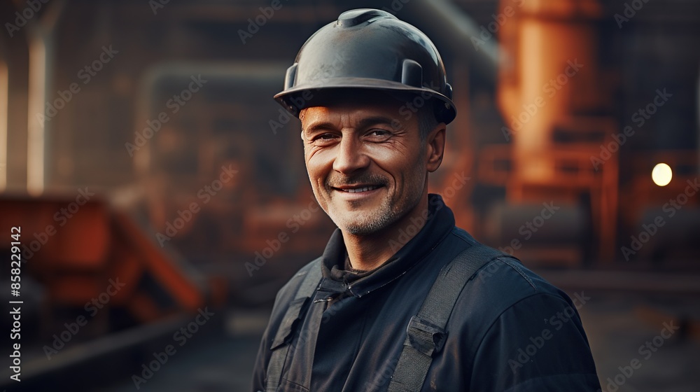 smiling Caucasian worker in a hard hat while in the factory workshop looks at the camera. worker of a large metallurgical or mechanical plant portrait smiling Caucasian worker in a hard hat while in the factory workshop looks at the camera. worker of a large metallurgical or mechanical plant portrait